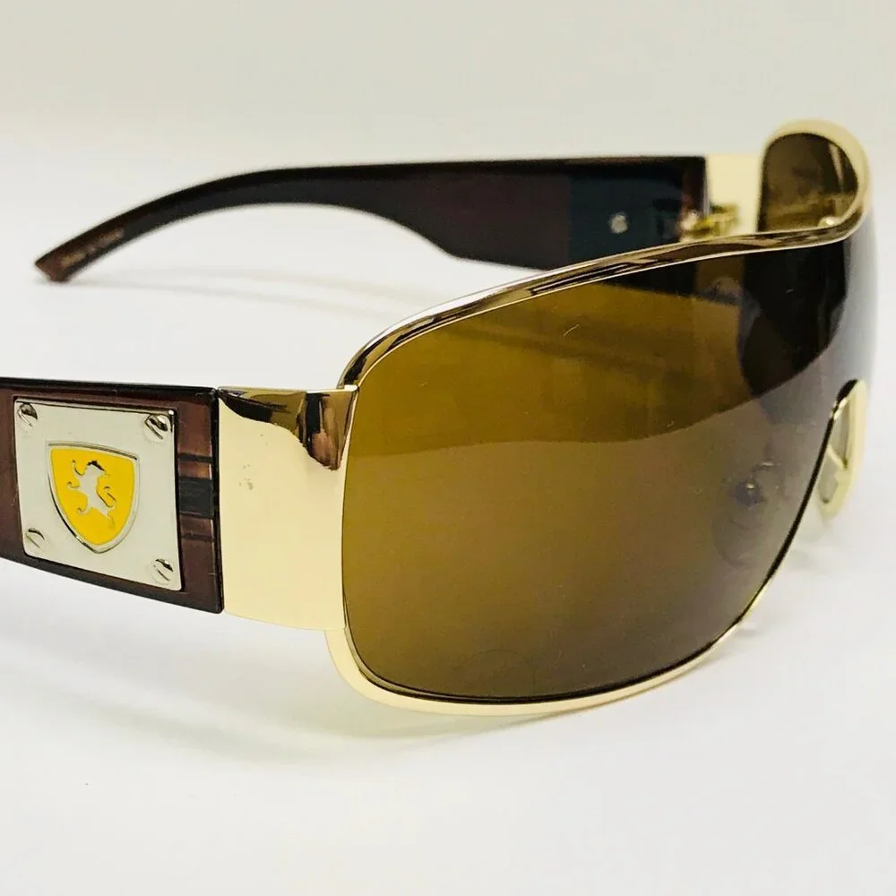 Men Fashion Sunglasses Single Metal Frame Gold Brown‎ Lens Shield Wrap Around